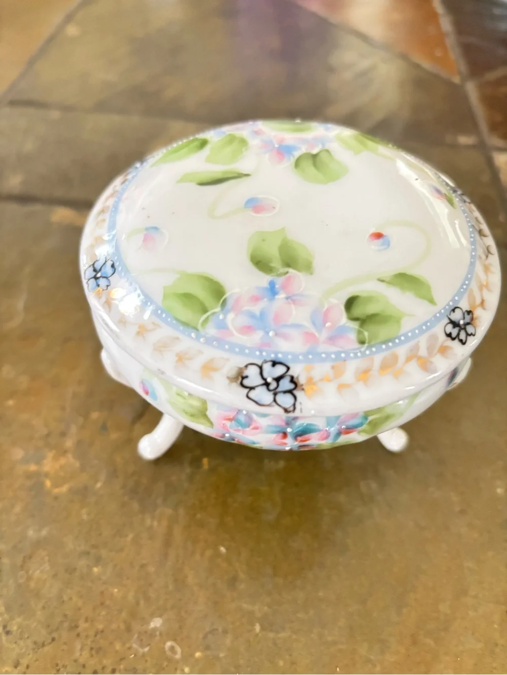 Hand-Painted Floral Porcelain Trinket Box - Blue & Green